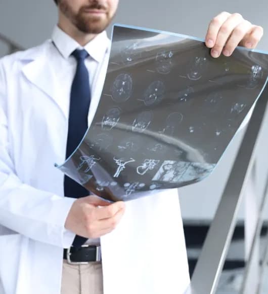 Um médico especialista em neurologia com um exame de imagem para diagnóstico de Alzheimer